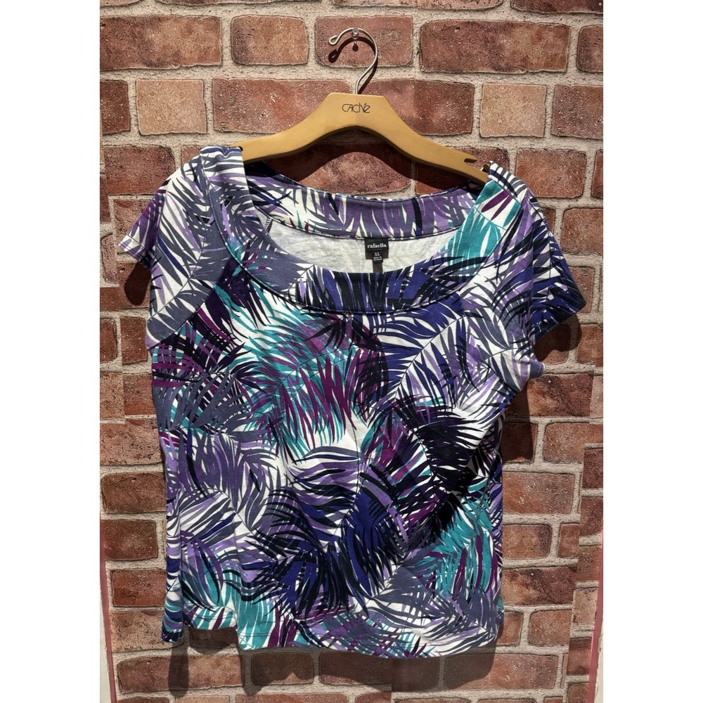 Rafaella Top Women's XL Multi-Color Tropical Leaf Print Short Sleeve Boat Neck